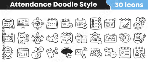 Fotografie Hand drawn collection of thirty different attendance tracking doodle icons