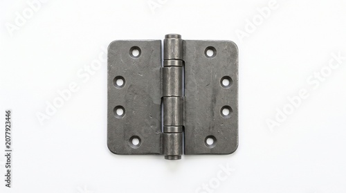 A closeup of a heavyduty metal door hinge isolated on white background