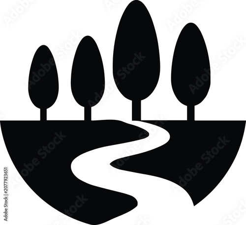 Nature Landscape with Trees and River Silhouette Vector Icon