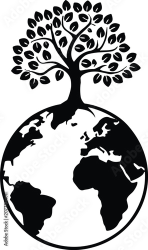 Growing Tree on Earth Globe Silhouette Vector Illustration