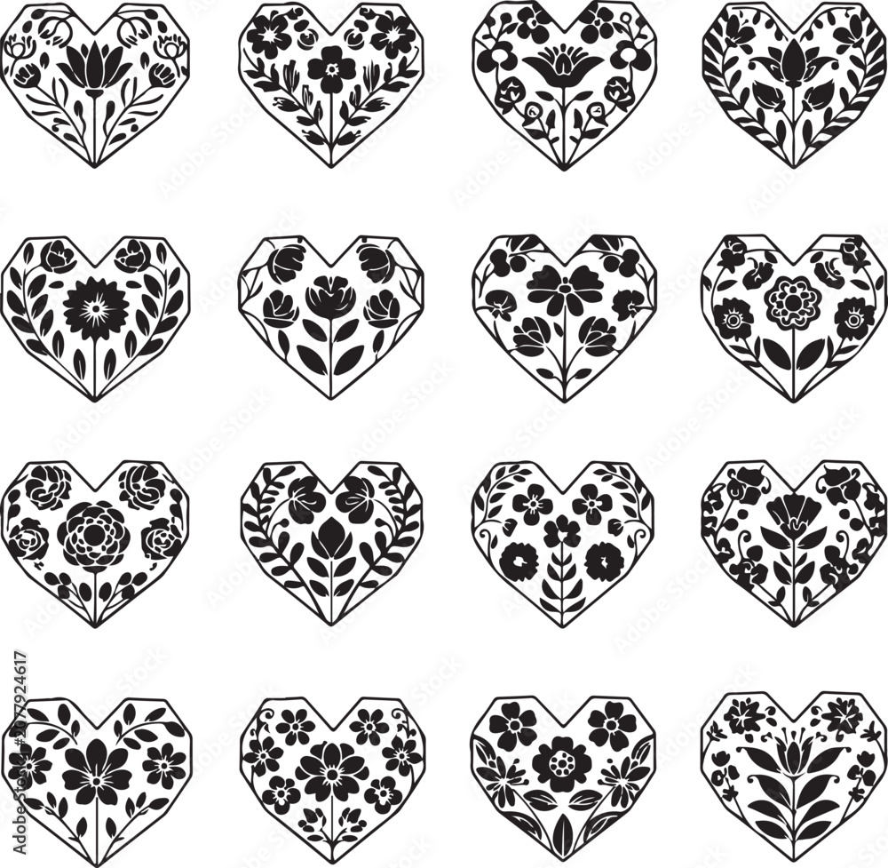 Fototapeta premium Black and white heart shapes with floral patterns on white background