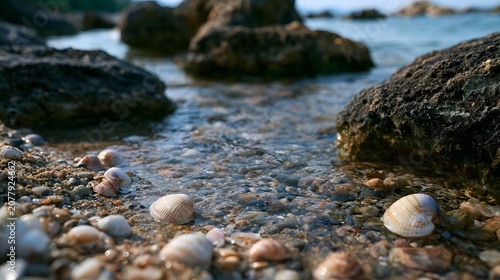 A crystal clear rocky shoreline features scattered seashells on sand capturing a sense of natural wonder and deep calm