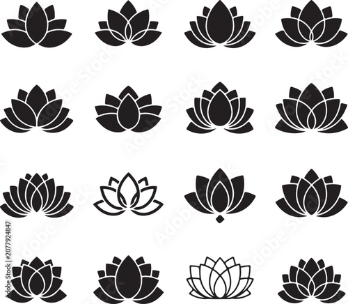 Collection of various lotus flower icons in black and white