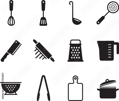 Kitchen utensils and tools icons for cooking and food preparation