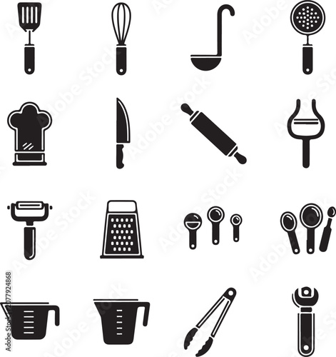 Kitchen utensils and tools for cooking and food preparation in black and white