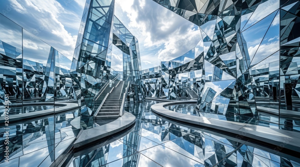 Fototapeta premium A person walks up a staircase within a mesmerizing mirrored structure. The building’s exterior reflects a cloudy sky and surrounding landscape, creating an infinite array of distorted perspectives.
