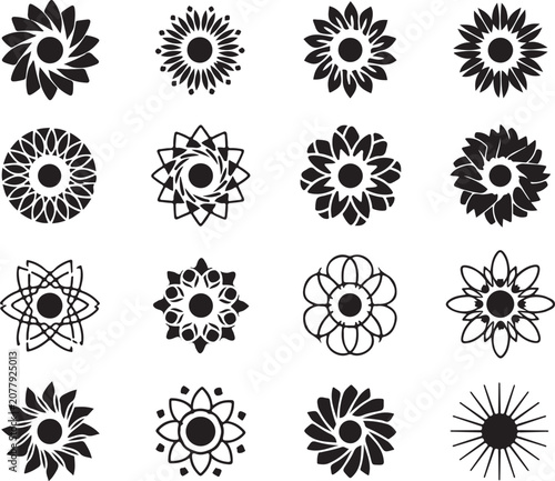Set of various black floral mandala designs on white background