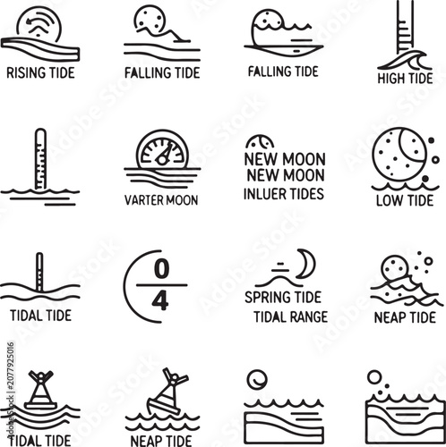 Tidal patterns and phases ocean water level icons set
