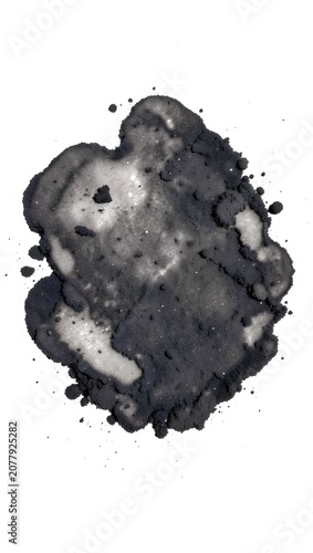 Abstract black ink blot on white background texture.