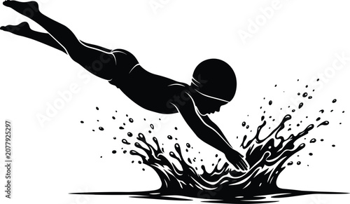 Photos Child swimmer diving into water with splash silhouette vector illustration isola