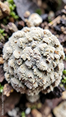 Close-up of a textured lichen growing on a forest floor.