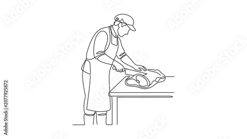 Continuous line drawing of a butcher preparing meat.