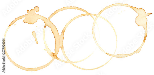 Coffee stains isolated on a white background, top view. Round stain isolated. Coffee and tea stain cup ring.