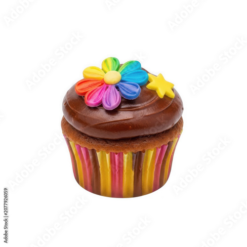Colorful cupcake with chocolate frosting and sprinkles