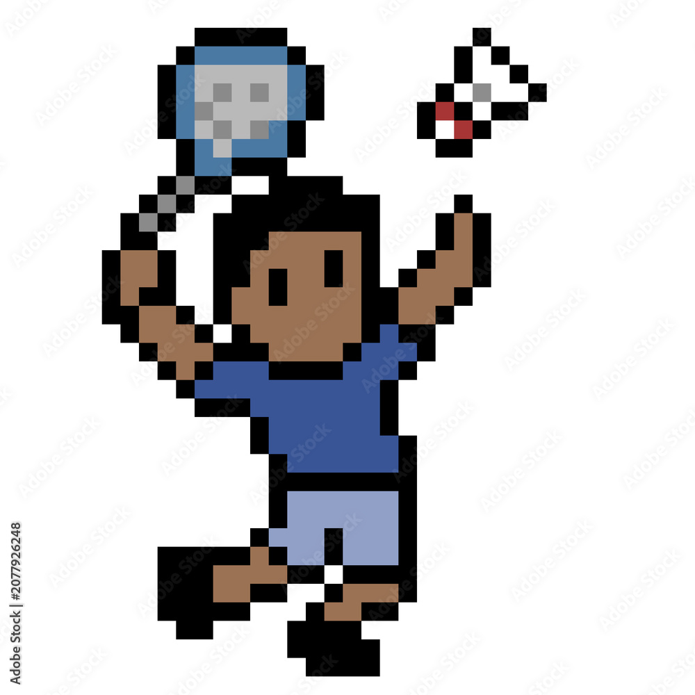 Fototapeta premium Pixel art illustration of a badminton player hitting a shuttlecock smash action