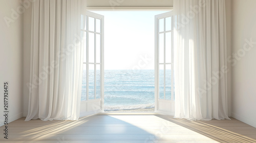 Minimalist Coastal Room with Open Doors and Ocean View