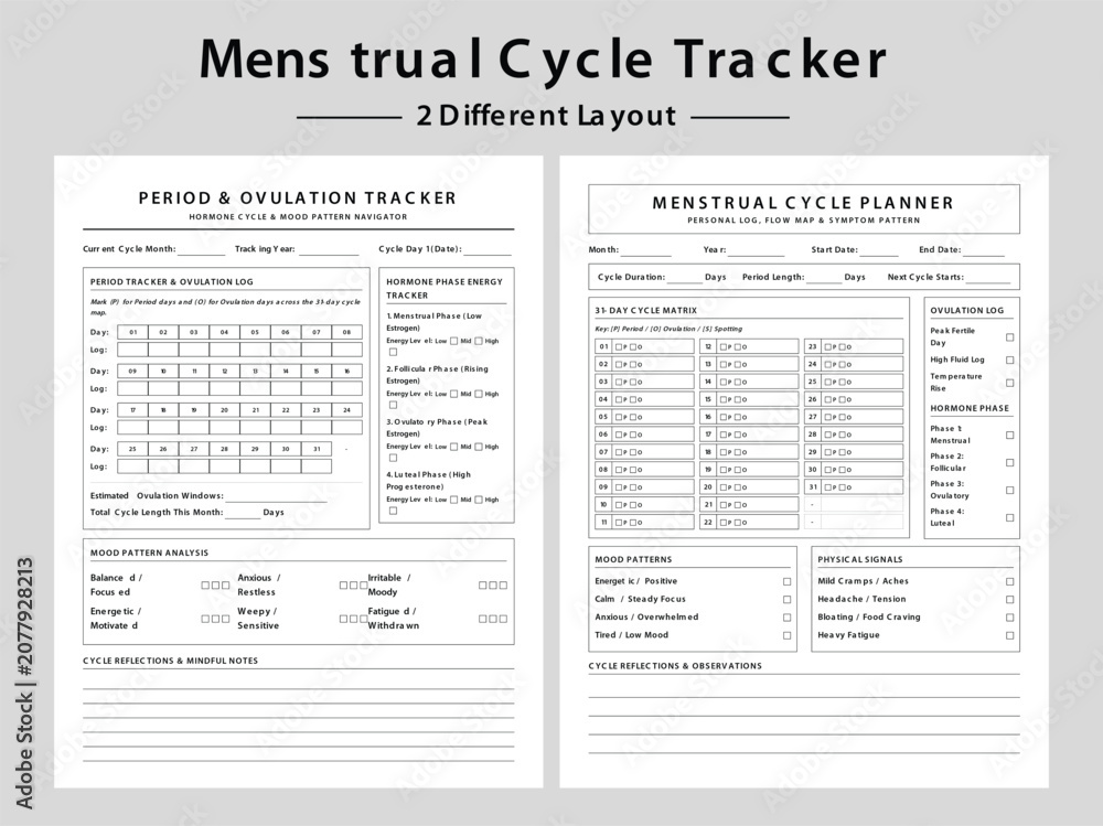 Fototapeta premium Menstrual Cycle Tracker Printable Planner Templates. Three Different Layout Vector Illustrations.