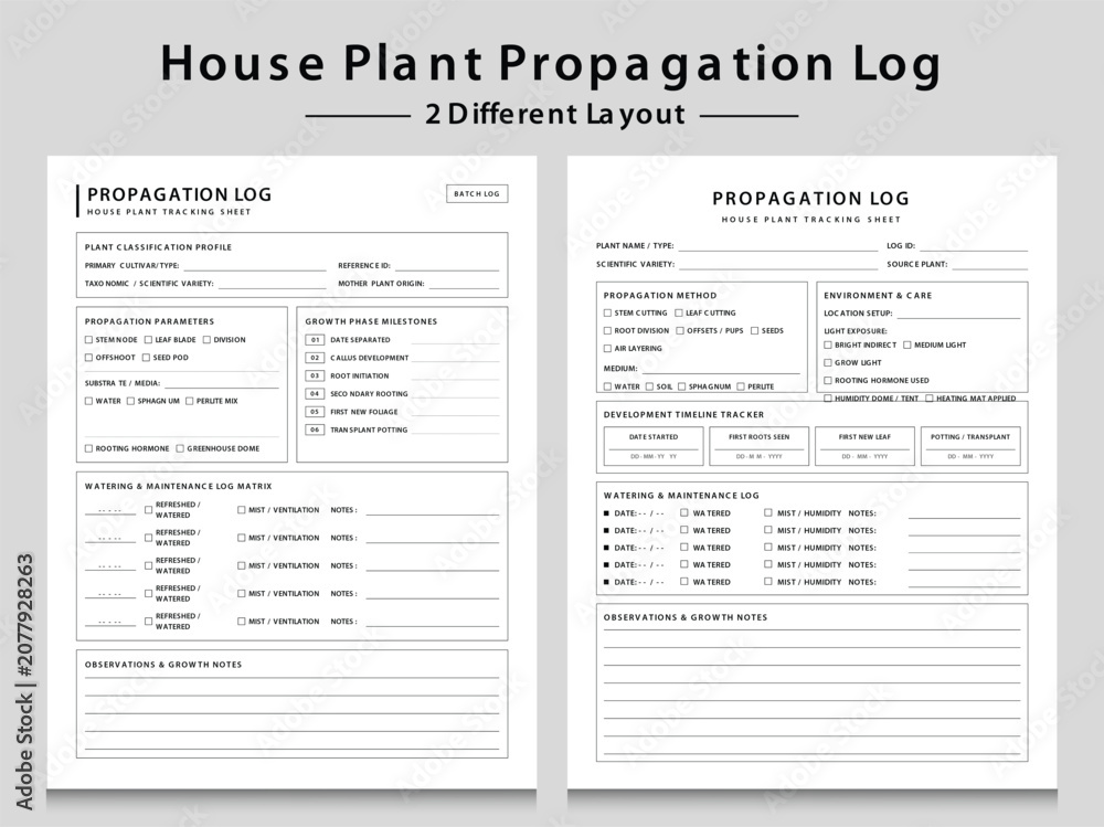 Fototapeta premium House Plant Propagation Log Tracker Sheets. Three Different Layout Vector Illustrations.