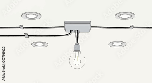 Electrical wiring schematic featuring central junction box, hanging bulb, horizontal power cables with clips, and recessed ceiling downlights on a plain white background surface.