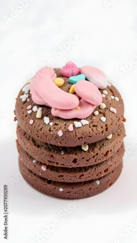 Delicious chocolate pancakes with pink flower decoration.