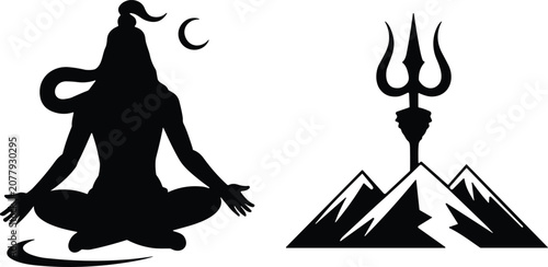 Tableau sur toile Lord Shiva Meditation Silhouette with Trishul and Mountain Symbol Representing S