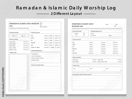 Ramadan Islamic Daily Worship Log Planner Templates. Three Different Layout Vector Illustrations.
