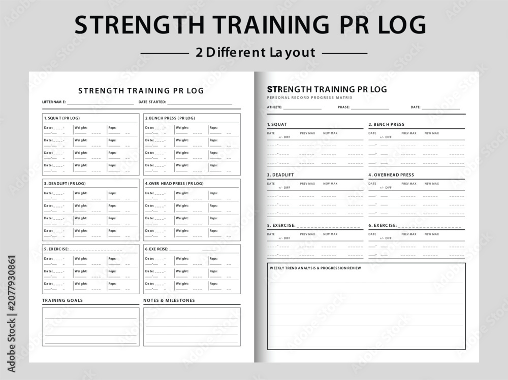 Fototapeta premium Strength Training PR Log Sheet Template. Three Different Layout Vector Illustrations.