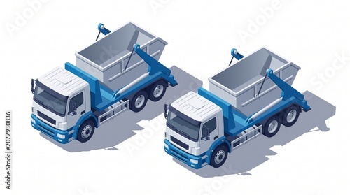Two isometric illustrations feature skip loader trucks. The truck on the left has open skips, while the truck on the right carries covered skips.

