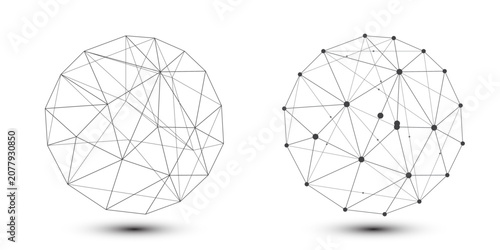 Abstract polygonal network sphere with connected lines and nodes, futuristic digital communication concept, technology, data visualization and global connection design.