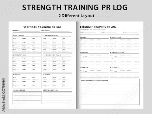 Strength Training PR Log Sheet Template. Three Different Layout Vector Illustrations.