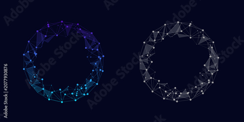 Abstract circular network frame with connected dots and polygon lines, futuristic technology background representing digital communication, AI, blockchain and data connectivity. 