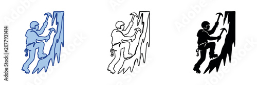 Foto Ice climber ascending a frozen waterfall with ice axes and crampons