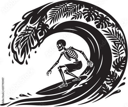 Photography Surfing skeleton, tropical wave, black vector icon, surfing skeleton illustratio