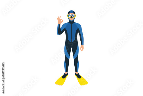 Scuba Diver in Blue Wetsuit Showing OK Gesture Illustration