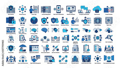 Cybersecurity and data protection vector icon set with security cybersecurity protection technology information encryption authentication biometric password firewall analysis management