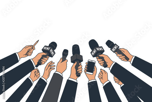 Reporters hands holding microphones for press conference interview