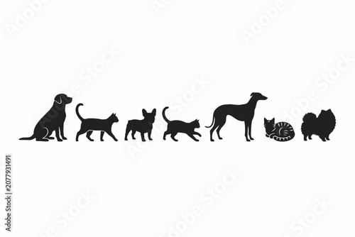 Dog and Cat Silhouettes Collection Standing in a Row