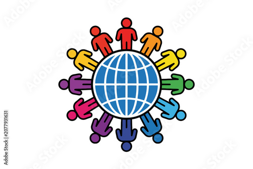 Colorful people icons circling blue globe on white background