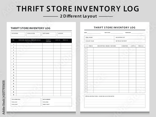 Printable Thrift Store Inventory Log Templates. Three Different Layout Vector Illustrations.