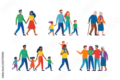 Diverse Family People Groups Walking Together Flat Illustration