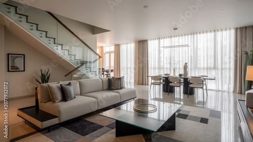 Modern open plan kitchen and dining area with island counter