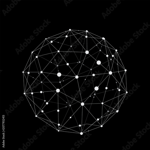 Abstract polygonal network sphere with connected lines and nodes, futuristic digital communication concept, technology, data visualization and global connection design.