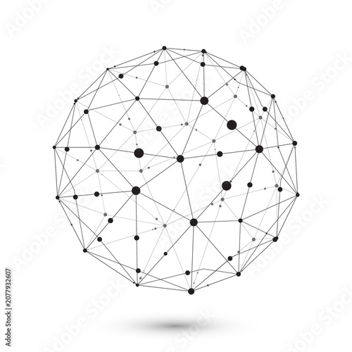 Abstract polygonal network sphere with connected lines and nodes, futuristic digital communication concept, technology, data visualization and global connection design.