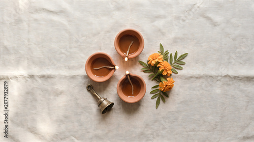 Traditional Indian Diwali Oil Lamps Flat Lay