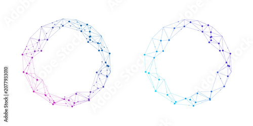 Abstract circular network frame with connected dots and polygon lines, futuristic technology background representing digital communication, AI, blockchain and data connectivity. 