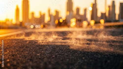 Asphalt road surface with steam rising during a double heat dome in a city at sunset with bokeh urban skyline background