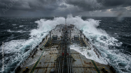 Gigantic Modern Oil Tanker Battling Stormy Seas from an Aerial Bow View