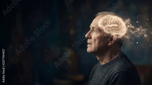 Mature man with glowing digital brain model dissolving into particles with copy space. Cognitive decline and memory loss concept. Neurology scientific of human mental health, aging process.