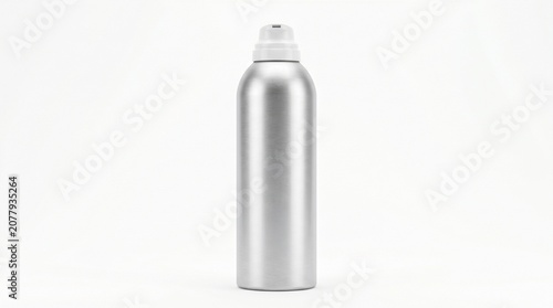Brushed aluminum aerosol spray bottle isolated on white background