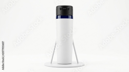 Rocket design white thermos flask on stand isolated on white background